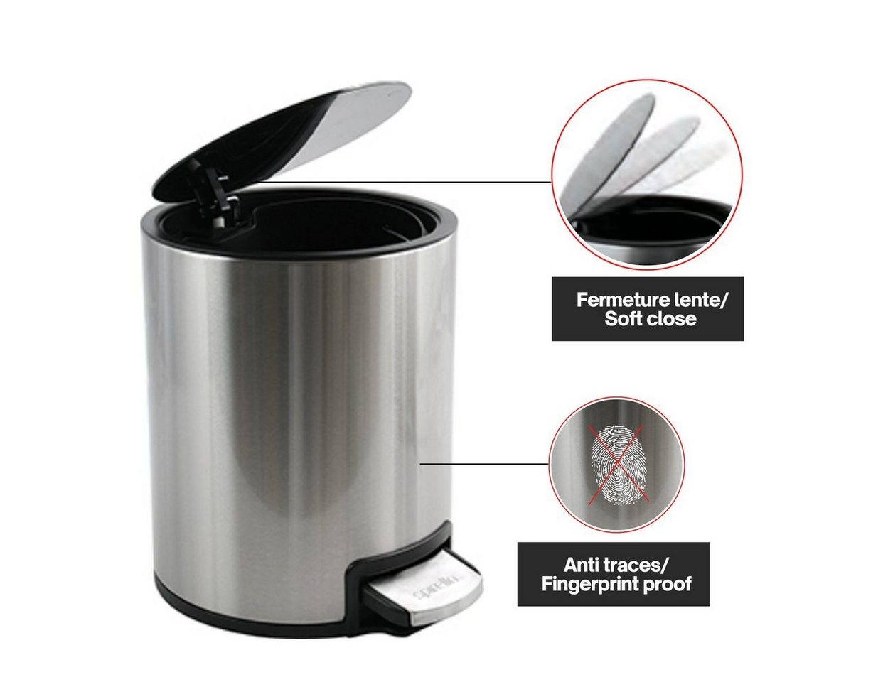 spirella Kosmetikeimer RIKU, Treteimer mit Softclose-Absenkautomatik, herausnehmbarem Inneneimer, Anti-Fingerprint-Beschichtung, 3L, silber – Bild 2 von 5