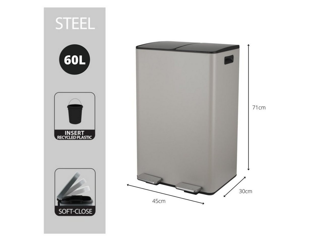 spirella Mülltrennsystem ALIYA, 2 Kammern Abfall Treteimer XXL, 60 L, Softclose Absenkautomatik, herausnehmbare Innenbehälter, Anti-Fingerprint Oberfläche, Stah – Bild 2 von 5