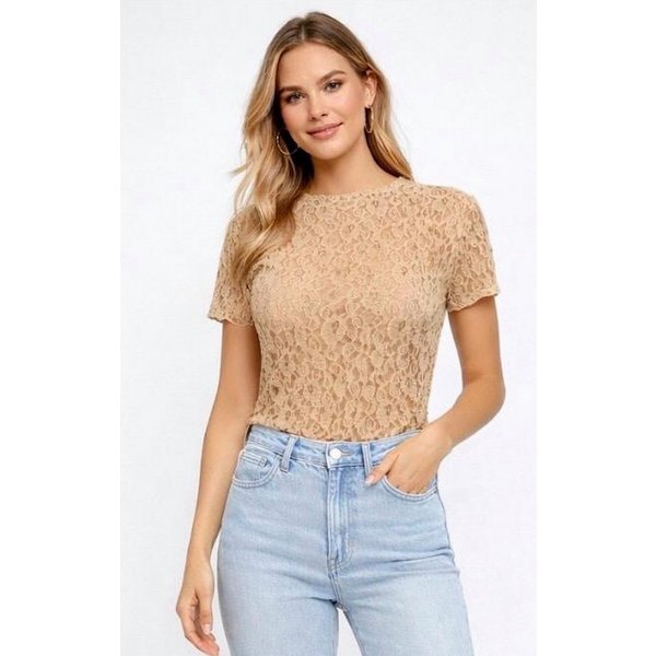 Worldclassca Spitzenshirt Worldclassca Spitzenshirt Kurzarm Mesh Bluse Stehkragen Lace Elegant Neue Kollektion - Stilvolle und gemütliche Mode für Damen