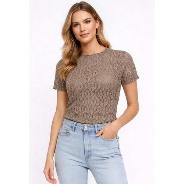 Worldclassca Spitzenshirt Worldclassca Spitzenshirt Kurzarm Mesh Bluse Stehkragen Lace Elegant Neue Kollektion - Stilvolle und gemütliche Mode für Damen