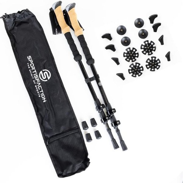 Sportisfaction Wanderstöcke Carbon Wanderstöcke Ultraleicht 260g Teleskop Trekkingstöcke 63-140cm, Ergo-Korkgriff Inkl. 5 Paar Aufsätze & Tasche Metall-Clip Ver