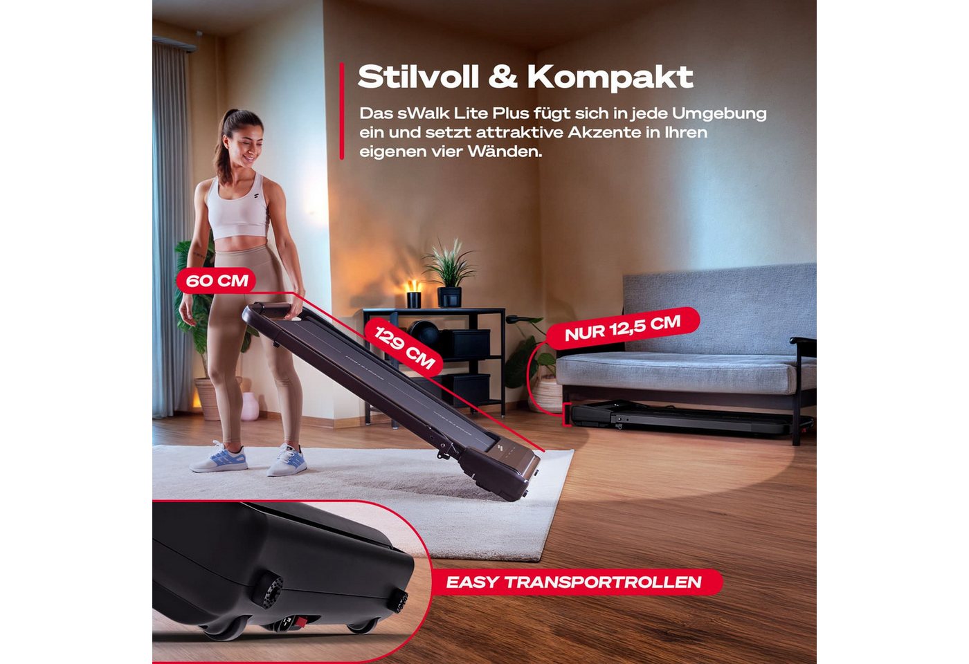 Sportstech Laufband sWalk Lite Plus, 2in1 Walking Pad für zu Hause, Transportrollen, Steigung, 12km/h – Bild 4 von 5