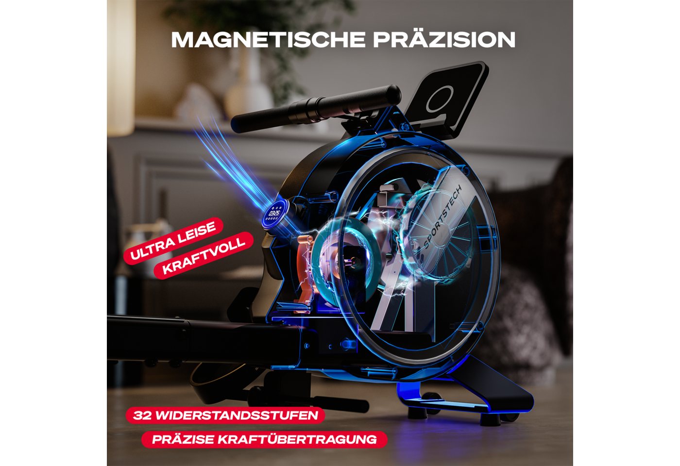 Sportstech Rudergerät SP_PROwer, LED Knob Display, 32 Widerstandsstufen, Tablethalterung – Bild 2 von 5