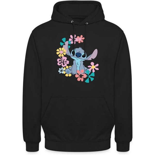 Spreadshirt Hoodie Lilo & Stitch, Stitch Mit Hawaiianischen Blumen Unisex Hoodie (1-tlg) Unisex-Schnitt: Sitzt bei Männern körpernah, bei Frauen weit