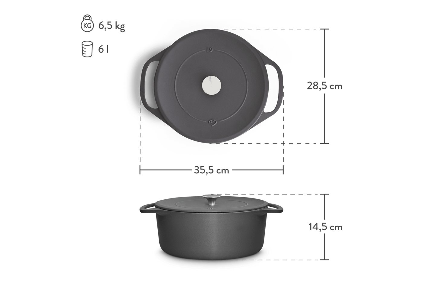 Springlane Bräter Cocotte Grau mit Deckel, Gusseisen, 6 L, Ø 28cm, Rund, Gusseisen, Ideale Feuchtigkeitsverteilung durch Tropfenstruktur – Bild 2 von 5