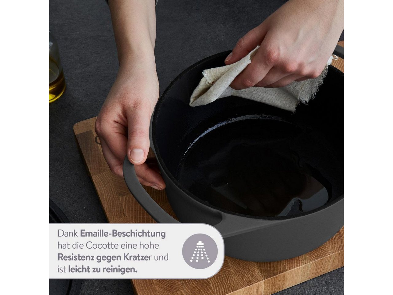 Springlane Bräter Cocotte Grau mit Deckel, Gusseisen, 6 L, Ø 28cm, Rund, Gusseisen, Ideale Feuchtigkeitsverteilung durch Tropfenstruktur – Bild 4 von 5