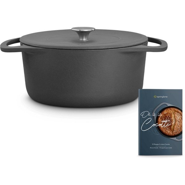 Springlane Bräter Cocotte Grau mit Deckel, Gusseisen, 4 L, Ø 24cm, Rund, Gusseisen emailliert, Edelstahl, Ideale Feuchtigkeitsverteilung durch Tropfenstruktur