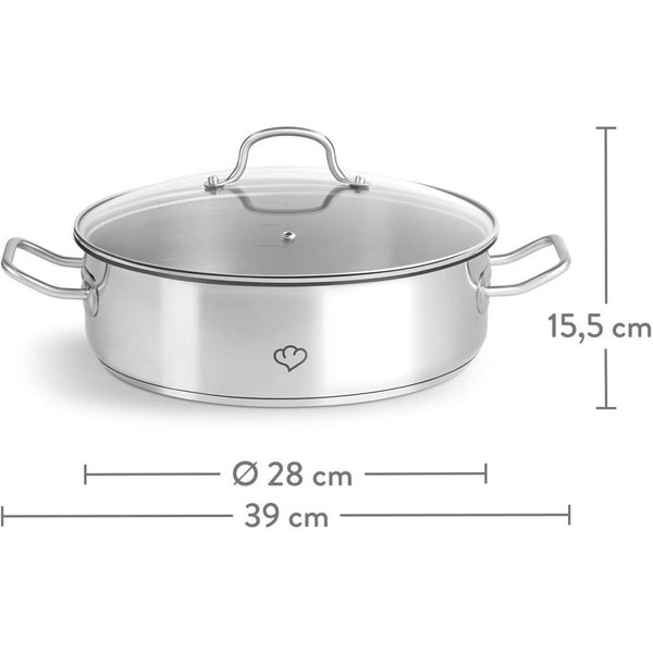 Springlane Schmortopf Edelstahl 28cm, 5 L, Schmor- und Servierpfanne, Induktion, Edelstahl, kratzfest & unbeschichtet, Alle Herdarten, Glasdeckel mit Dampfloch
