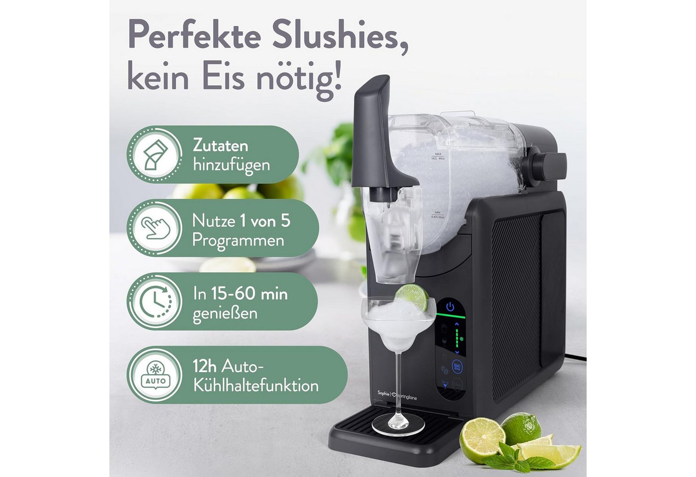 Springlane Slush-Eismaschine Sophie, 5-in-1 Slushmaker, 2 Liter, Quickfreeze, Rezeptbuch, Geräuscharm, Selbstreinigung, einstellbare Konsistenz, 12h kühlhalten – Bild 2 von 5
