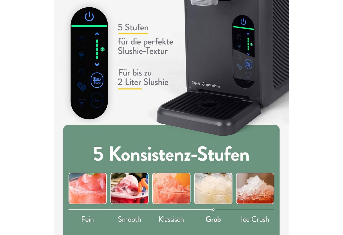 Springlane Slush-Eismaschine Sophie, 5-in-1 Slushmaker, 2 Liter, Quickfreeze, Rezeptbuch, Geräuscharm, Selbstreinigung, einstellbare Konsistenz, 12h kühlhalten – Bild 5 von 5