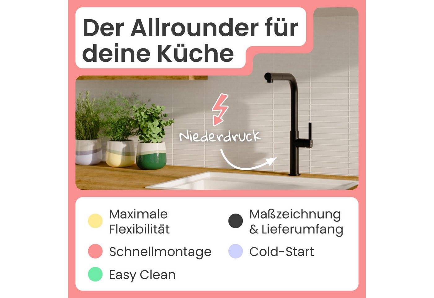 instmaier Spültischarmatur instmaier Cassia, Spültischarmatur, Auslauf ausziehbar schwarz matt, Niederdruck, Küchenarmatur – Bild 2 von 5