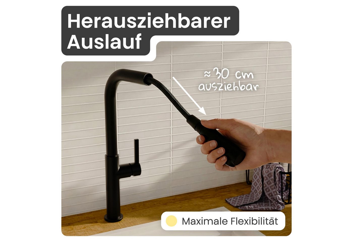 instmaier Spültischarmatur instmaier Cassia, Spültischarmatur, Auslauf ausziehbar schwarz matt, Niederdruck, Küchenarmatur – Bild 3 von 5