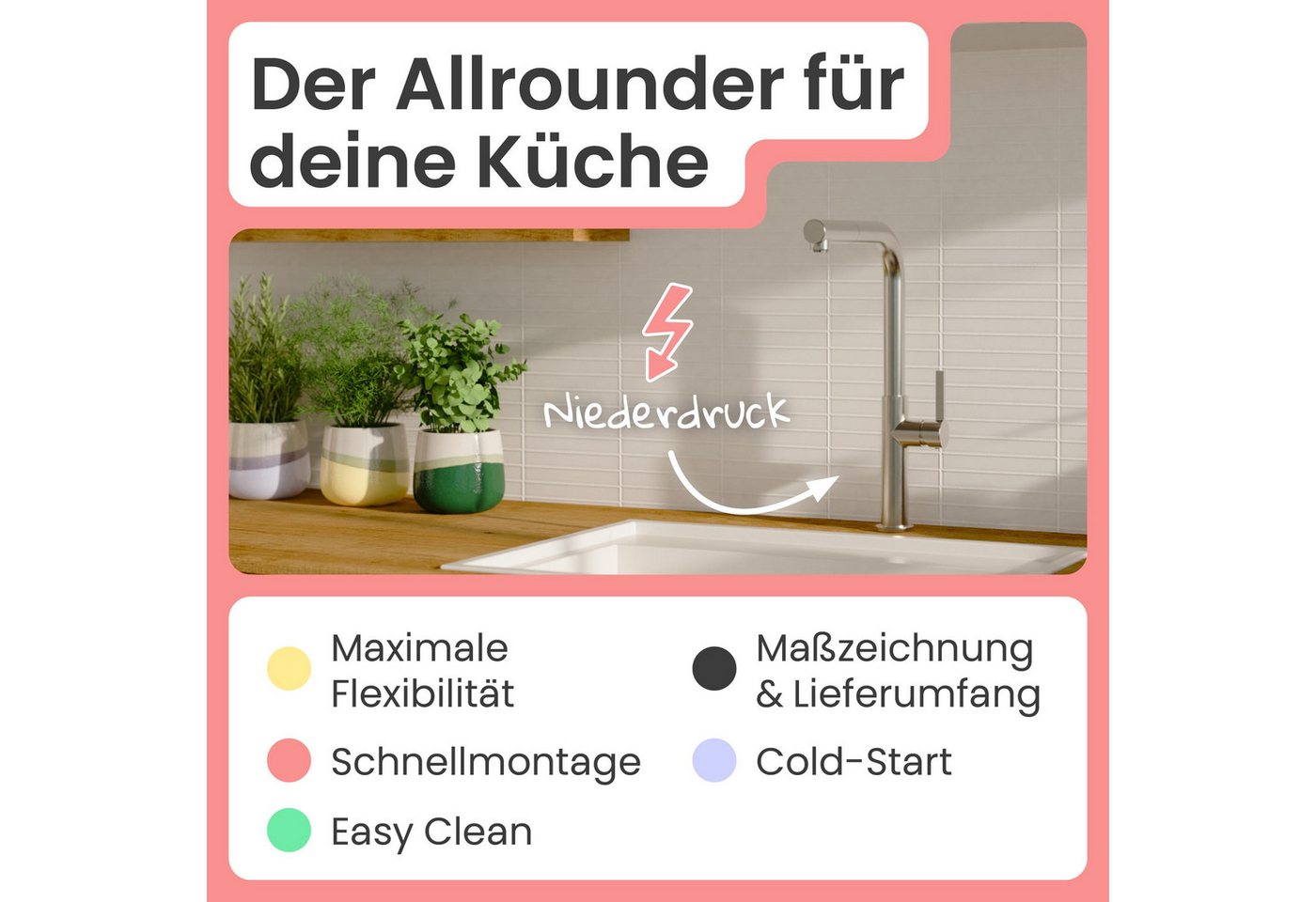 instmaier Spültischarmatur instmaier Cassia, Spültischarmatur, Auslauf ausziehbar edelstahl, Niederdruck, Küchenarmatur – Bild 2 von 5