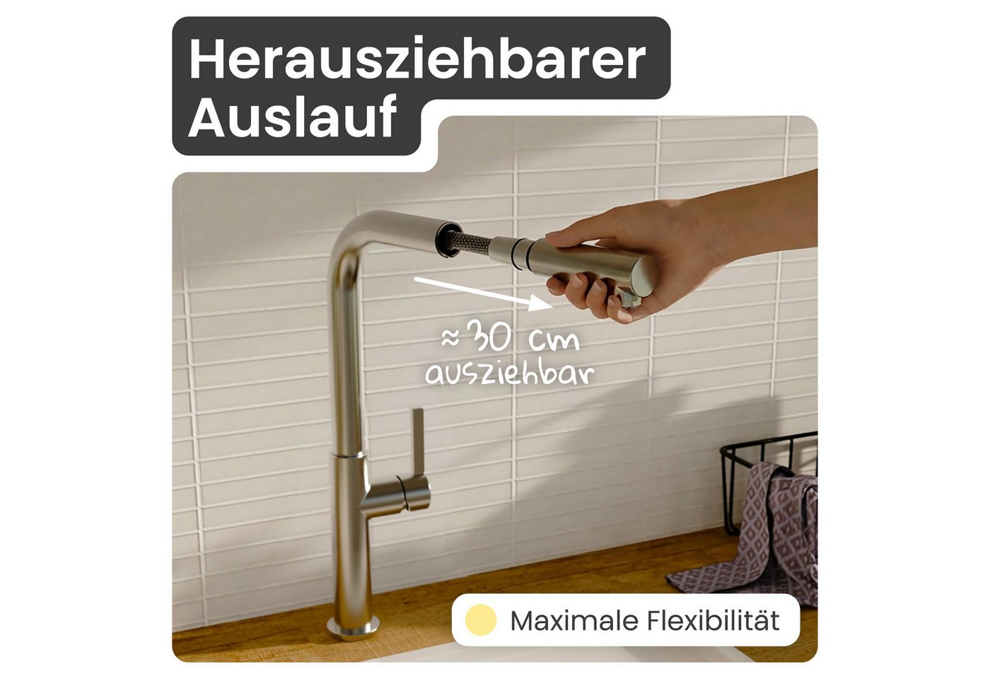 instmaier Spültischarmatur instmaier Cassia, Spültischarmatur, Auslauf ausziehbar edelstahl, Niederdruck, Küchenarmatur – Bild 3 von 5