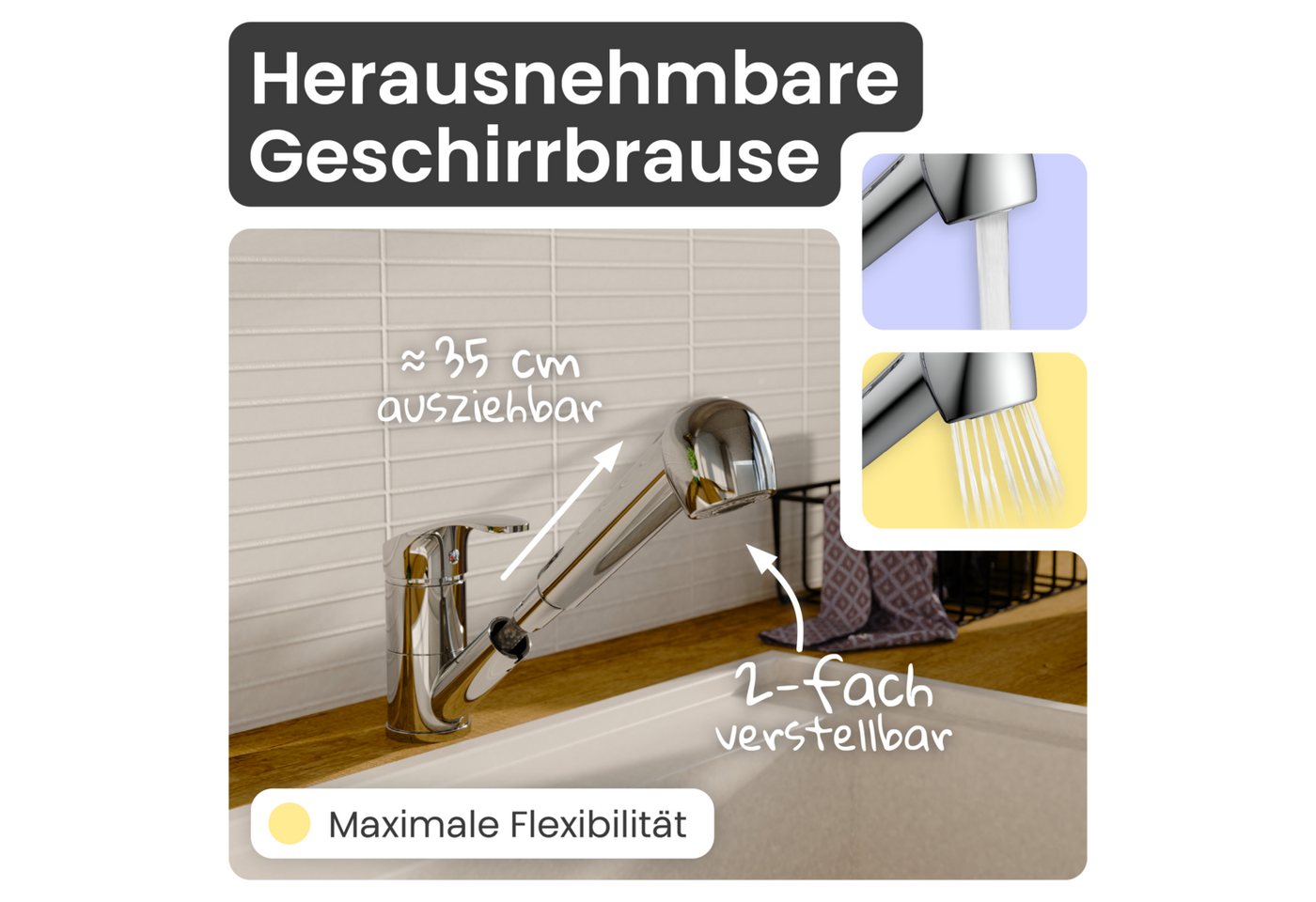 instmaier Spültischarmatur instmaier Elena, Wasserhahn Küche, Mit Geschirrbrause ausziehbar, 2 Strahlarten – Bild 3 von 5