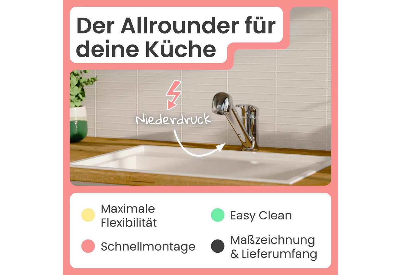 instmaier Spültischarmatur instmaier Elena, Wasserhahn Küche, Mit Geschirrbrause Niederdruck-Armatur, ausziehbar, 2 Strahlarten – Bild 2 von 5