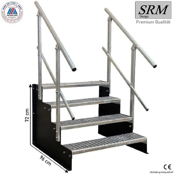 SRM Design Außentreppe 4 Stufen Standtreppe Schwarz, Breite 100cm, Höhe 72cm 2x Geländer