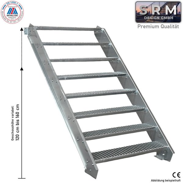 SRM Design Außentreppe 8 Stufen Stahltreppe 60cm Stufenbreite, Höhe 120-160cm, ohne Geländer