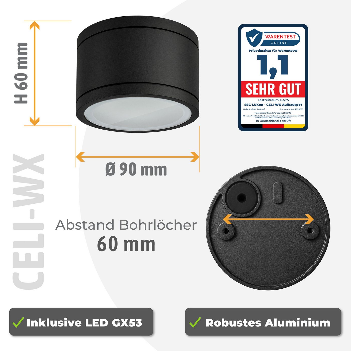 SSC-LUXon LED Außen-Deckenleuchte CELI-WX LED Aufbauspot schwarz IP44 flach 3 Lichtfarben 230V Spot, Neutralweiß, Warmweiß, Tageslichtweiß – Bild 3 von 5
