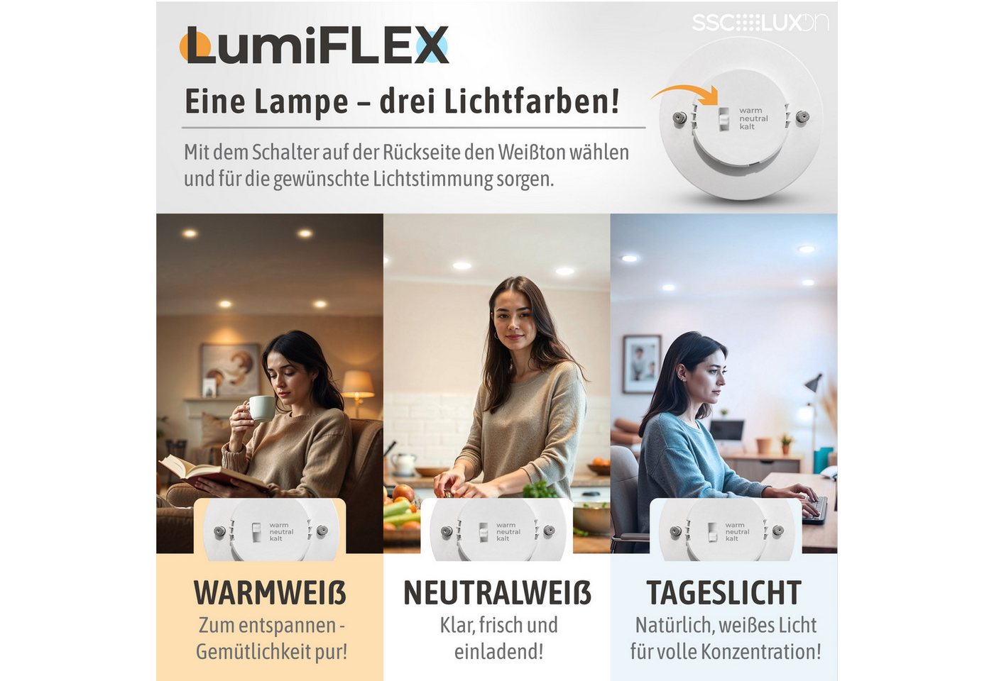 SSC-LUXon LED Außen-Deckenleuchte CELI-WX LED Aufbauspot schwarz IP44 flach 3 Lichtfarben 230V Spot, Neutralweiß, Warmweiß, Tageslichtweiß – Bild 5 von 5