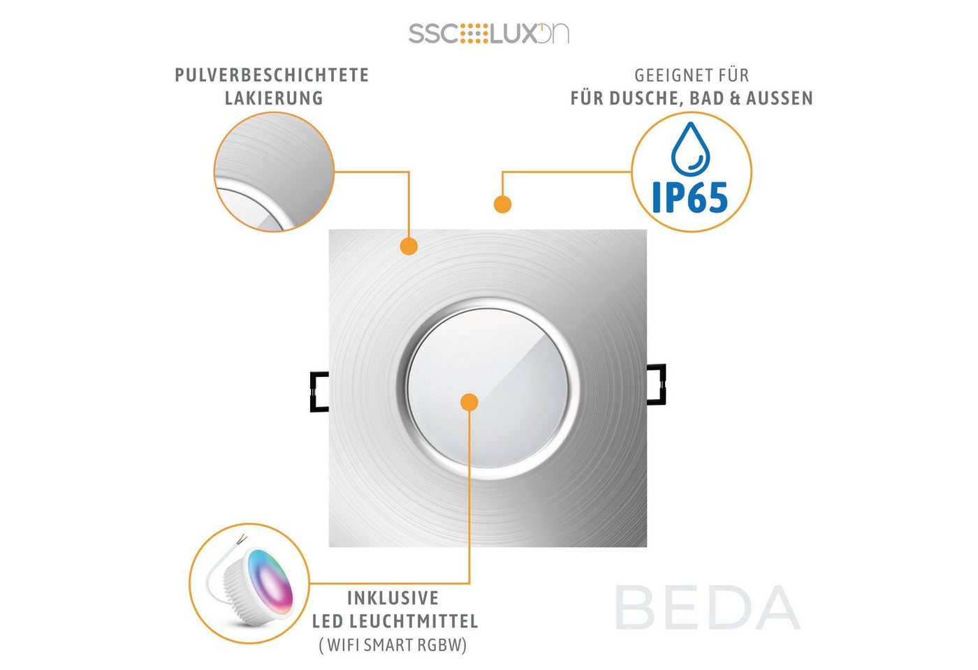 SSC-LUXon LED Außen-Deckenleuchte Einbaustrahler BEDA in silber & quadratisch IP65 LED Modul Smart 4W, Smart – Bild 4 von 5
