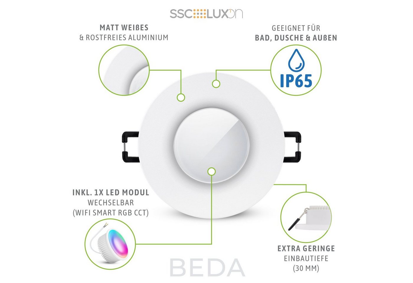 SSC-LUXon LED Außen-Deckenleuchte Einbaustrahler BEDA in weiss matt & rund IP65 mit Modul LED RGB WLAN, Neutralweiß, Warmweiß, Tageslichtweiß – Bild 4 von 5
