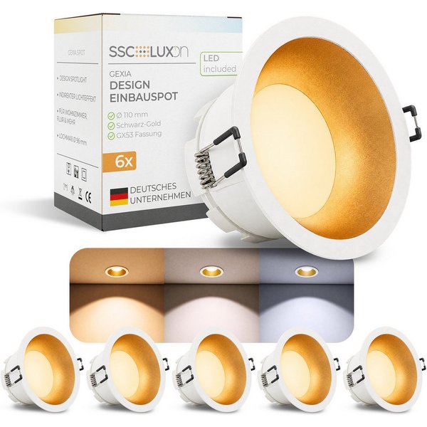 SSC-LUXon LED Einbaustrahler GEXIA Einbaustrahler weiß gold Ø11cm LED GX53 3in1 Lichtfarbe 3W 230V, Neutralweiß, Warmweiß, Tageslichtweiß