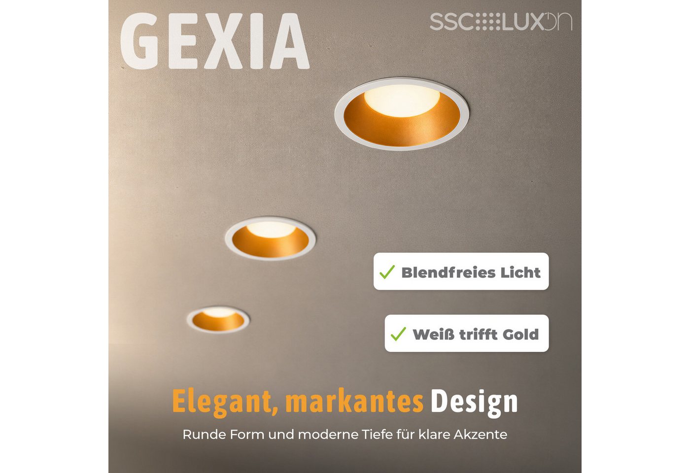 SSC-LUXon LED Einbaustrahler GEXIA Einbaustrahler weiß gold Ø11cm LED GX53 3in1 Lichtfarbe 3W 230V, Neutralweiß, Warmweiß, Tageslichtweiß – Bild 2 von 5