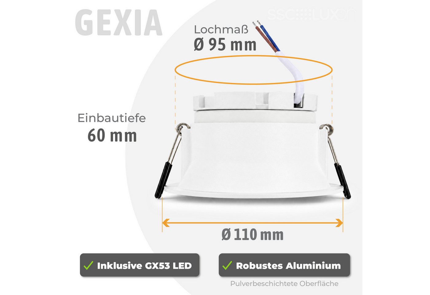 SSC-LUXon LED Einbaustrahler GEXIA Einbaustrahler weiß gold Ø11cm LED GX53 3in1 Lichtfarbe 3W 230V, Neutralweiß, Warmweiß, Tageslichtweiß – Bild 4 von 5