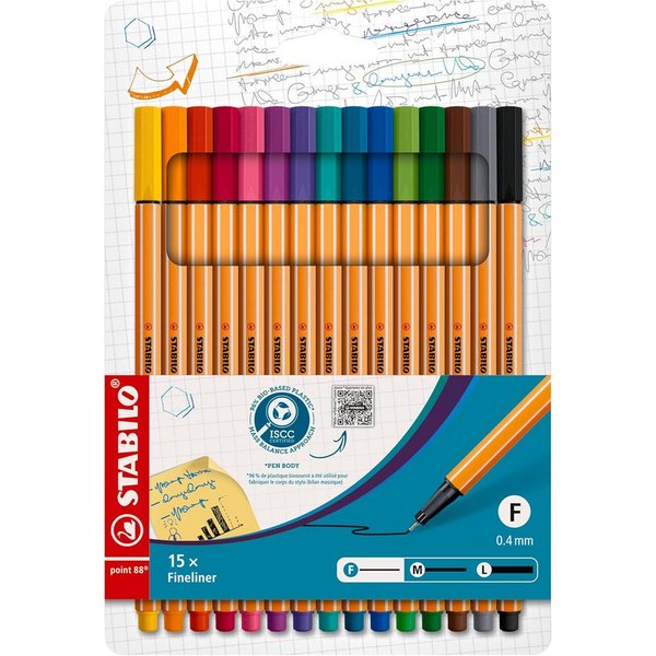 STABILO Fineliner point 88, (15-tlg), mit wasserbasierter Tinte ohne Metallanteile