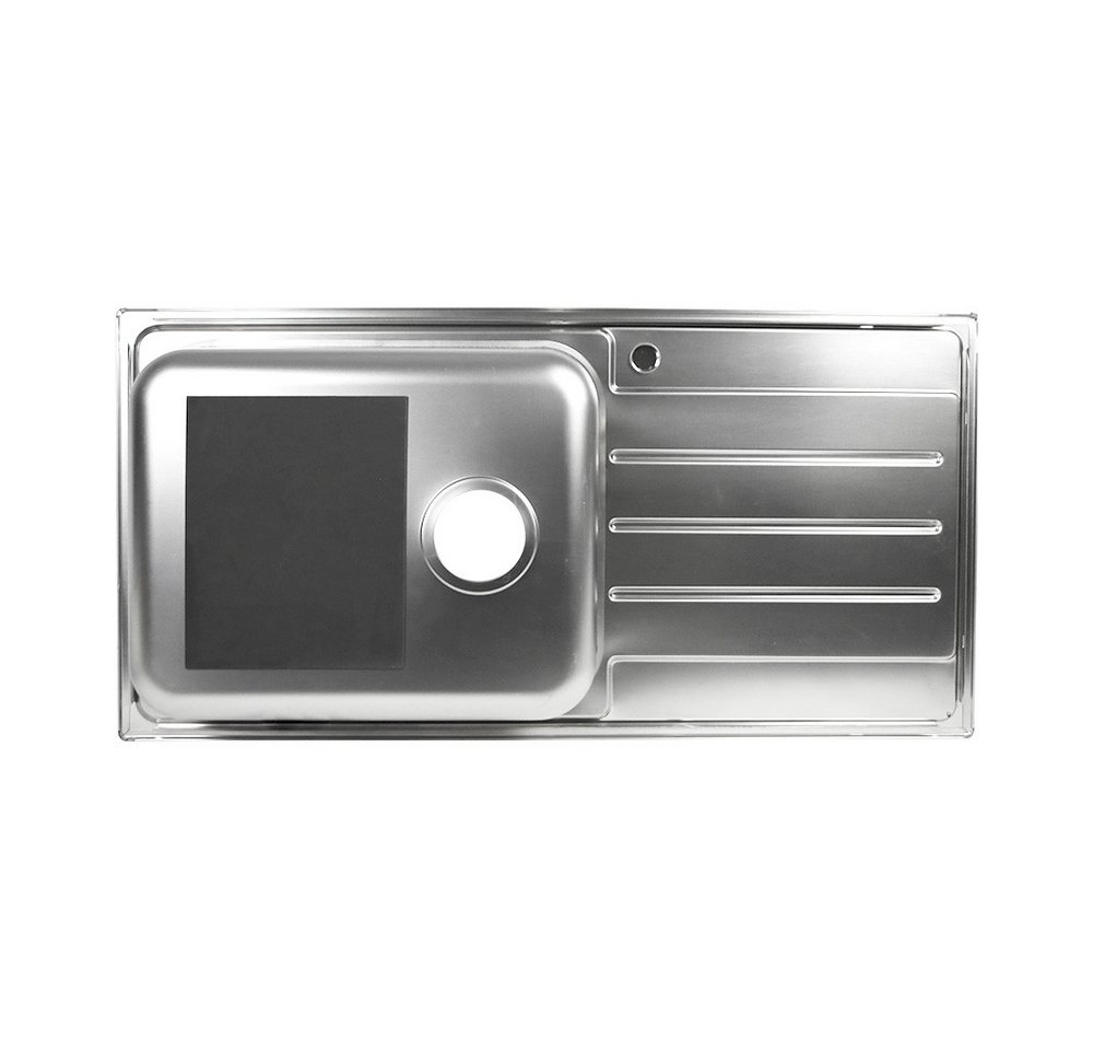 Stabilo Sanitär Einbauspüle Einbauspülbecken Chrom eckig aus Edelstahl mit großem Ablaufloch, 100/50 cm, (Komplett-Set, mit komplettem Siphon & Befestigungsmate – Bild 4 von 5