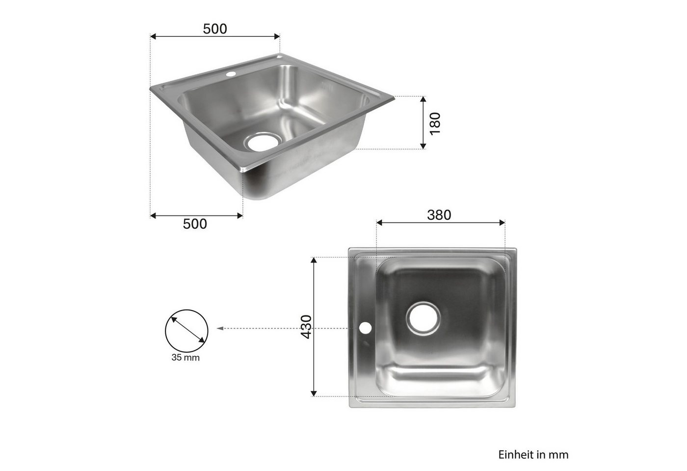 Stabilo Sanitär Einbauspüle Einbauspülbecken Chrom eckig aus Edelstahl mit vorgebohrtem Hahnloch, 50/50 cm, (Komplett-Set, Edelstahl Ablaufsieb mit Hahn-Durchfü – Bild 5 von 5