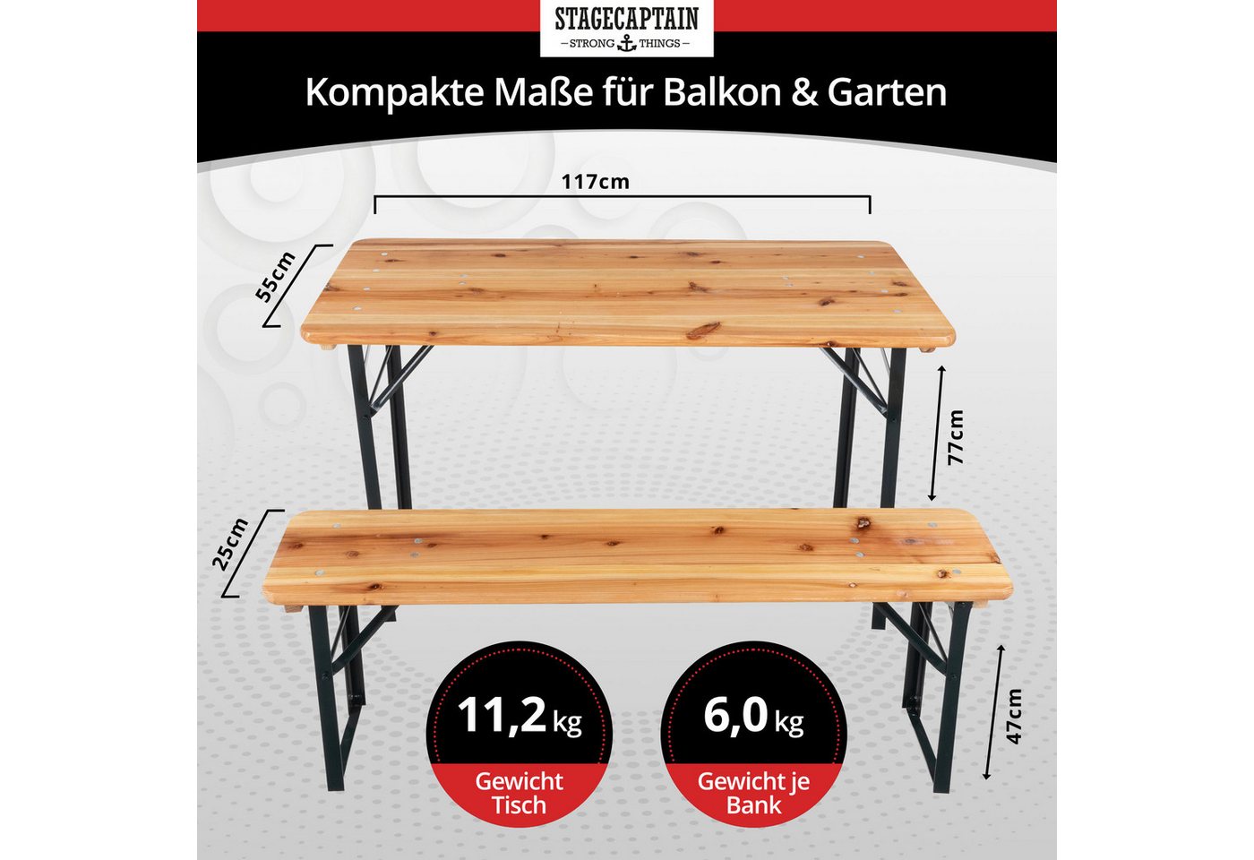 Stagecaptain Bierzeltgarnitur Hirschgarten BB-117 Sitzgarnitur 117 cm Länge, (Stehtisch Holz, 3-tlg., 2 x Bank, 1 x Tisch), Sitzmöbelset für Balkon Outdoor & In – Bild 3 von 5
