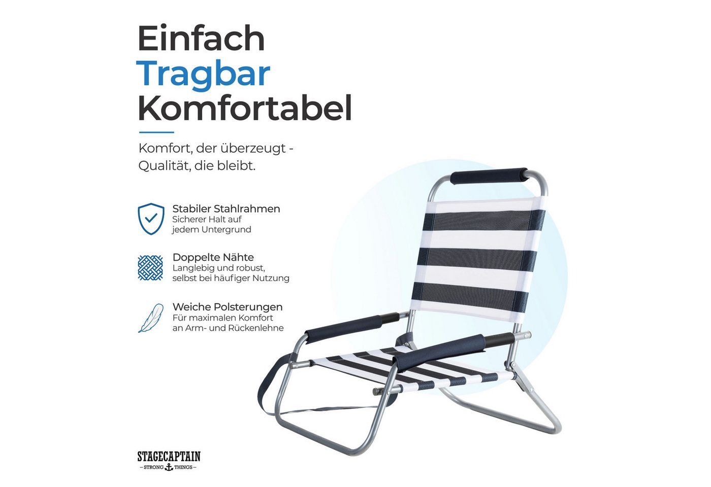Stagecaptain Klappstuhl Strandstuhl klappbar leicht mit Schultergurt und Rückenlehne (1 St), Niedrige Sitzhöhe - alles griffbereit am Boden – Bild 3 von 5
