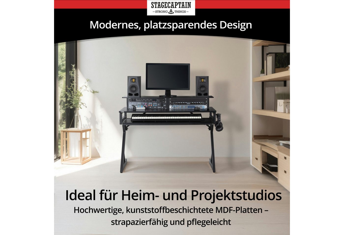 Stagecaptain Schreibtisch ST-120 Studiotisch - Studio-Workstation mit Rackschienen, Integriertes Kabelmanagement & Kopfhöreraufhängung – Bild 2 von 5