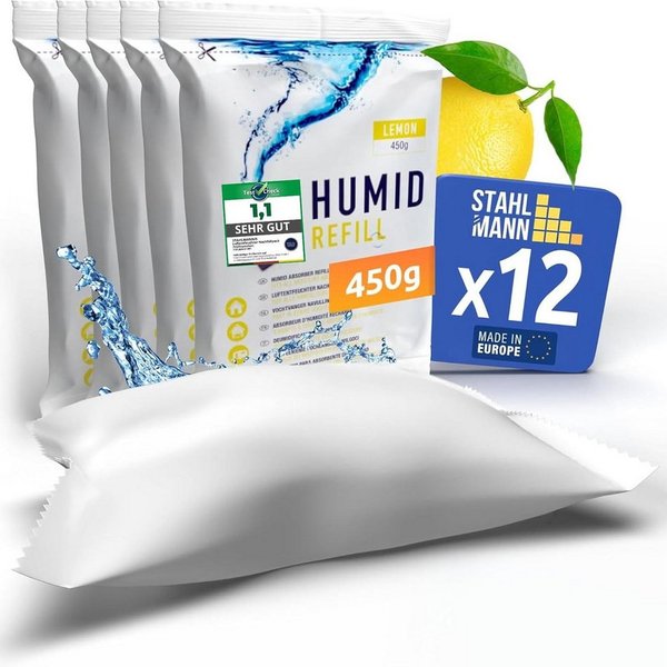 STAHLMANN COMMERCE GmbH Luftentfeuchter-Nachfüllpack Luftentfeuchter Nachfüllpack [12 x 450 g] Granulat Zitrone Duft, für Alle Gängigen Luftentfuchter mit einem