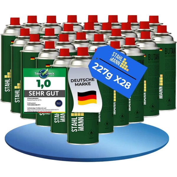 STAHLMANN Gaskartusche Gaskartuschen 28x 227 g [Made in EU] Butangas MSF-1a Ventil EN417, Zubehör für Gaskocher,Unkrautbrenner,Gasbrenner,Campingkocher, 28 St.,