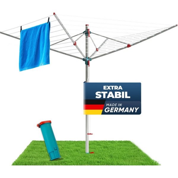 STAHLMANN Wäschespinne für draußen, 60 m, höhenverstellbar & drehbar mit Bodenhülse, inkl. Bodenhülse mit Deckel