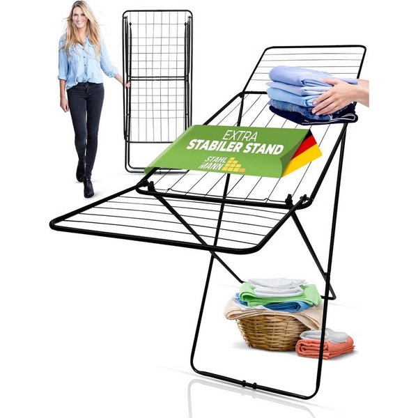 STAHLMANN Wäscheständer [18 m Trockenfläche], Klappbar, Made in Europe, schwarz, leicht, platzsparend, stabil, für drinnen und draußen, Metall