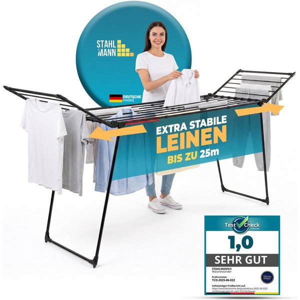 STAHLMANN Wäscheständer Premium XL [25 m Trockenfläche], Ausziehbar, Rollen, Made in EU, 25 m Trockenfläche · Ausziehbar · Made in EU