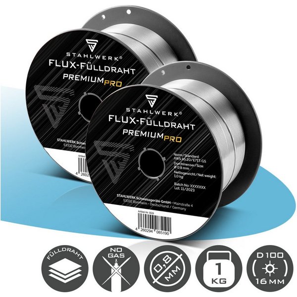 STAHLWERK Schweißdraht 2 x 0,8 mm MIG MAG Fülldraht D100 Drahtrolle 1 kg, (Packung), chemische Zusammensetzung garantiert bessere Schweißergebnisse