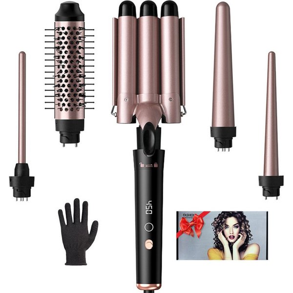 STANBOW Lockenstab Lockenstab 3 Fässer mit PTC-Schnellheizung, Temperaturregelung, 5-in-1 Lockenstab-Set mit Bürste & Handschuhen, schnelle Aufheizung