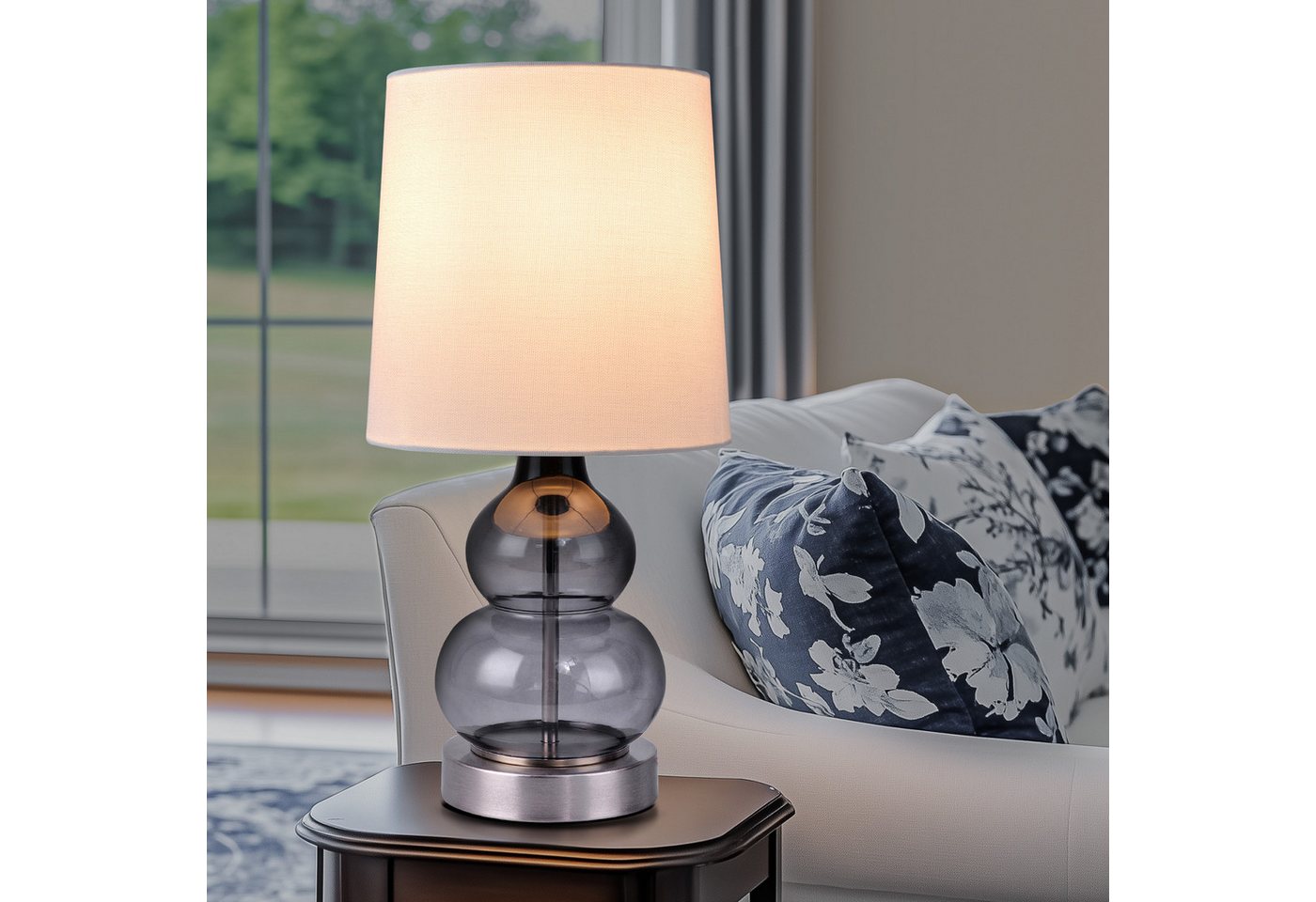 STANBOW Tischleuchte Nachttischleuchte mit halbtransparenter Glasfuß & Naturleinen-Schirm, ohne Leuchtmittel, 44 cm, E14, Tischlampe für Wohnzimmer, Schlafzimme – Bild 2 von 5