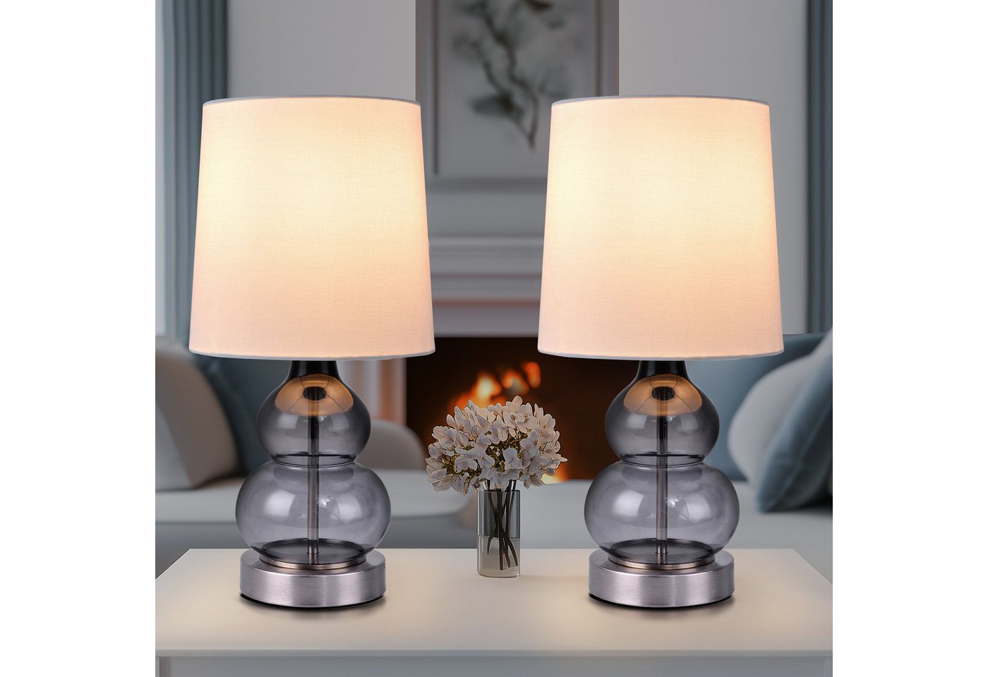 STANBOW Tischleuchte Nachttischleuchte mit halbtransparenter Glasfuß & Naturleinen-Schirm, ohne Leuchtmittel, 44 cm, E14, Tischlampe für Wohnzimmer, Schlafzimme – Bild 3 von 5