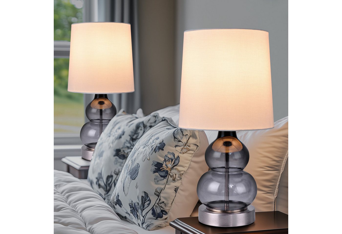 STANBOW Tischleuchte Nachttischleuchte mit halbtransparenter Glasfuß & Naturleinen-Schirm, ohne Leuchtmittel, 44 cm, E14, Tischlampe für Wohnzimmer, Schlafzimme – Bild 5 von 5