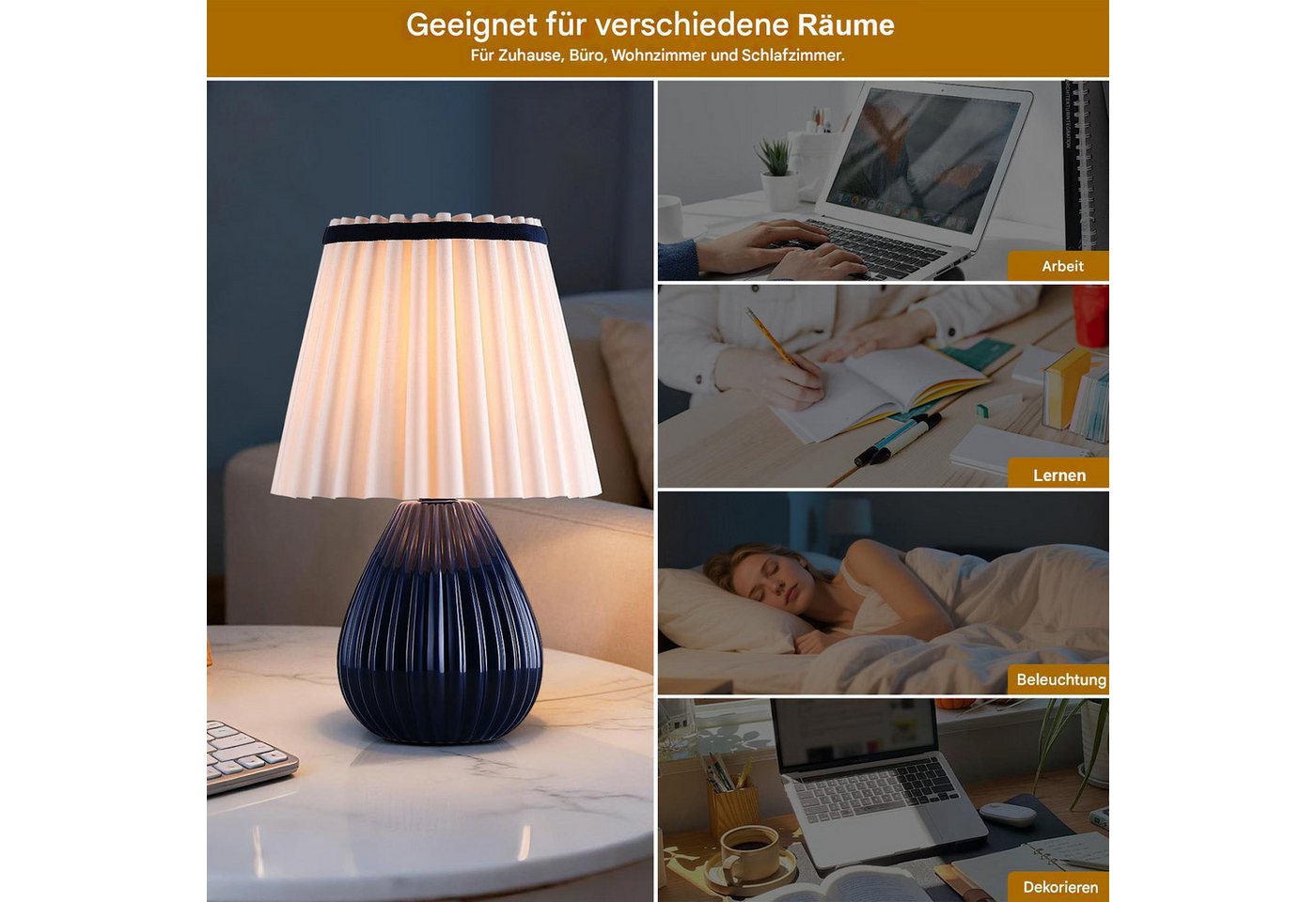 STANBOW Tischleuchte Tischlampe mit Keramikfuß, Nachttischlampe, Schlaf-/Wohnzimmer, Blau, ohne Leuchtmittel, Ein-/Ausschalter, Nachttisch & Sideboard & Esstisc – Bild 4 von 5