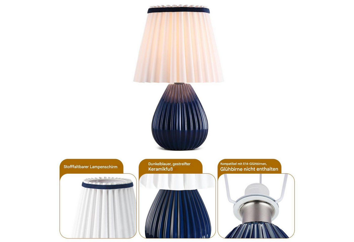 STANBOW Tischleuchte Tischlampe mit Keramikfuß, Nachttischlampe, Schlaf-/Wohnzimmer, Blau, ohne Leuchtmittel, Ein-/Ausschalter, Nachttisch & Sideboard & Esstisc – Bild 5 von 5