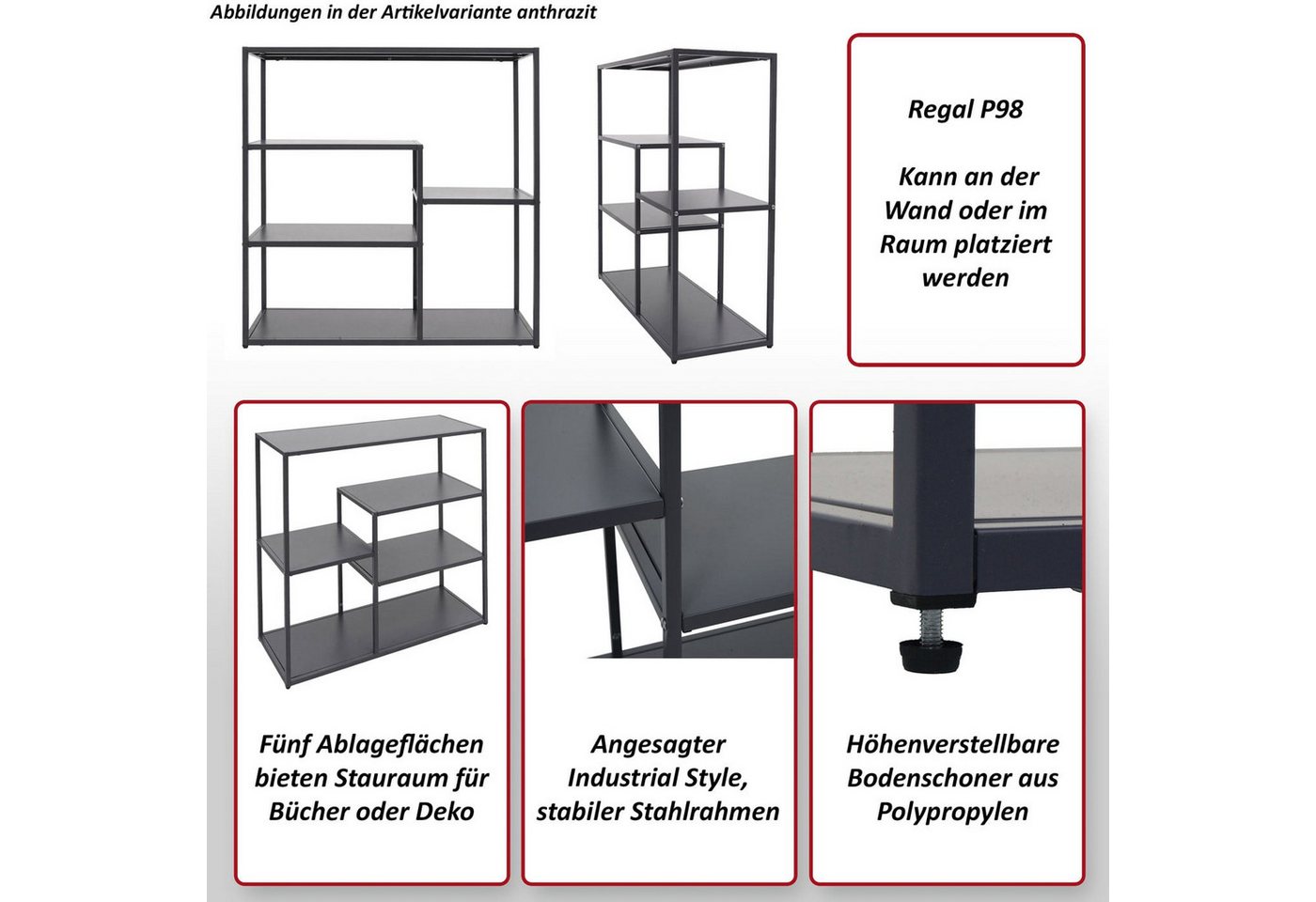 MCW Standregal MCW-P98, Minimalistisches Design, im Industrie-Style – Bild 4 von 5
