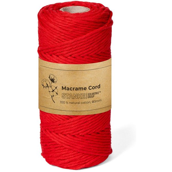 STANKE Makramee Garn 3mm 100 m Farbe Rot - Baumwollgarn für Boho Bastelgarn, 100 m (100m Rolle, 1-St., 100m Rolle), DIY, Körbchen, Traumfänger für Untersetzer, 