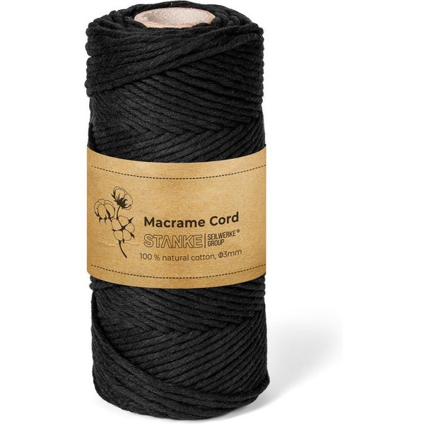 STANKE Makramee Garn 3mm 100 m Farbe Schwarz - Baumwollgarn für Boho Bastelgarn, 100 m (100m Rolle, 1-St., 100m Rolle), DIY, Körbchen, Traumfänger für Untersetz